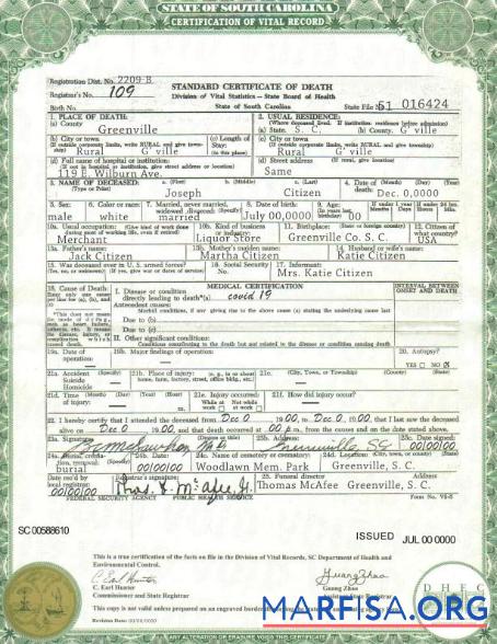 Printable USA South Carolina state death certificate template in PSD format